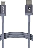 Amazon Basics - USB-C-auf-Lightning-Kabel, geflochtenes Nylon, MFi-zertifiziertes Ladekabel für iPhone 13/12/11/X/XS/XR/8, Dunkelgrau, 1.8 m, kompatible mit Smartphone