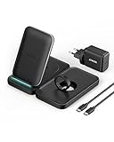 Anker 3-in-1 kabellose Ladestation, 533 Wireless Charger (3-in-1 Stand), Geeignet für iPhone 15/14/13, Galaxy S22, AirPods Pro, Apple Watch 1-6(Nur für Original 1m Kabel, Nicht im Lieferumfang)