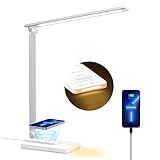 sympa Schreibtischlampe LED Metall mit Wireless Charger, 5 Farbmodi, 5 Helligkeitsstufen Tischlampe, USB-Ladeanschluss Dimmbare Nachttischlampe kinder, Schlafzimmer, Büro, Arbeitszimmer, Lesen