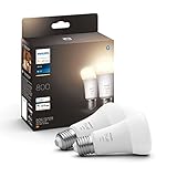 Philips Hue White E27 LED Lampen 2-er Pack (800 lm), dimmbare LED Leuchtmittel für das Hue Lichtsystem mit warmweißem Licht, smarte Lichtsteuerung über Sprache und App