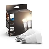 Philips Hue White E27 LED Lampen 2-er Pack (800 lm), dimmbare LED Leuchtmittel für das Hue Lichtsystem mit warmweißem Licht, smarte Lichtsteuerung über Sprache und App