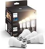 Philips Hue White E27 Viererpack 4x800lm, warmweißes Licht, dimmbar, steuerbar via App, kompatibel mit Amazon Alexa (Echo, Echo Dot)