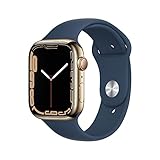 Apple Watch Series 7 (GPS + Cellular, 45mm) Smartwatch - Edelstahlgehäuse Gold, Sportarmband Abyssblau - Regular. Fitnesstracker, Blutsauerstoff und EKGApps, Always-On Retina Display, Wasserschutz