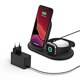 Belkin drahtloses 3-in-1 Ladegerät (kabellose 7,5-W-Ladestation für iPhone, Apple Watch und AirPods) – kabelloses Ladedock, drahtlose iPhone Ladestation, Apple Watch Ladeständer – Schwarz