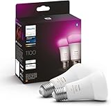 Philips Hue White & Color Ambiance E27 LED Lampen 2-er Pack (1100), TESTSIEGER Stiftung Warentest (01/2024), dimmbare LED Leuchtmittel mit 16 Mio. Farben, smarte Lichtsteuerung über Sprache und App