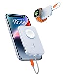 VEGER Mini Power Bank 20W PD, 5000mAh Powerbank mit Eingebautem Apple Kabel, mit Apple Watch Laden, 1x USB-C, Externer Handyakkus LED Display kompatibel mit iPhone, Apple Watch(9-1), Handys usw(Blau)