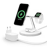 Belkin BoostCharge Pro drahtloses 3-in-1-Ladegerät mit MagSafe für iPhone 15, 14, 13, 12 + Apple Watch + AirPods (Magsafe Ladestation lädt iPhone 14-Modelle magnetisch mit bis zu 15 W auf) - Weiß