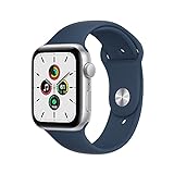 Apple Watch SE (1. Generation) (GPS, 44mm) Smartwatch - Aluminiumgehäuse Silber, Sportarmband Abyssblau - Regular. Fitness-und Aktivitätstracker, Herzfrequenzmesser, Wasserschutz