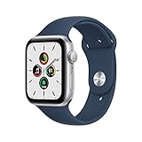 Apple Watch SE (1. Generation) (GPS, 44mm) Smartwatch - Aluminiumgehäuse Silber, Sportarmband Abyssblau - Regular. Fitness-und Aktivitätstracker, Herzfrequenzmesser, Wasserschutz