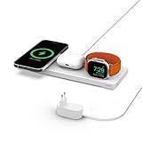 Belkin MagSafe drahtloses 3-in-1-Ladegerät, MFi-zertifiziertes Ladepad, MagSafe Ladestation für die iPhone 16, iPhone 15, 14, 13 und 12-Serie, Apple Watch 10/9/8/7/Ultra und älter, AirPods 3, 2, Pro