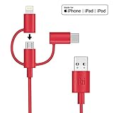 equinux tizi Schlitzohr - USB-C, Lightning und Micro-USB Multifunktionskabel (1m, rot) Apple Mfi zertifiziert, perfekt für iPhone X, iPhone 8, iPhone 8 Plus, iPhone 7, iPhone 7 Plus, iPad