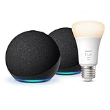 Echo Dot (5. Generation) |Anthrazit, 2er pack + Philips Hue Smart Bulb (E27), Funktionert mit Alexa - Smart Home-Einsteigerpaket