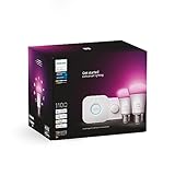 Philips Hue White & Color Ambiance Starter Set mit E27 Lampen 2-er Pack (1100), Smart Button + Hue Bridge, TESTSIEGER Stiftung Warentest (01/2024), 16 Mio. Farben per Sprache und App steuerbar