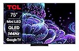 TCL 75C839 75 Zoll 189cm QLED Mini-LED Fernseher, 4K UHD, Google TV, HDR Extreme, 1500nits, 144Hz VRR, 120Hz Motion Clarity, Dolby Vision & Atmos, ONKYO Sound, Sprachsteuerung, Metallgehäuse